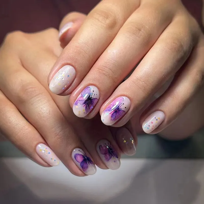 Churchf Churchf Desire Flash Pink Purple Dizzy Dye Butterfly Nail Oval Lovely Beautiful Nail Piece Finished Wear Nail