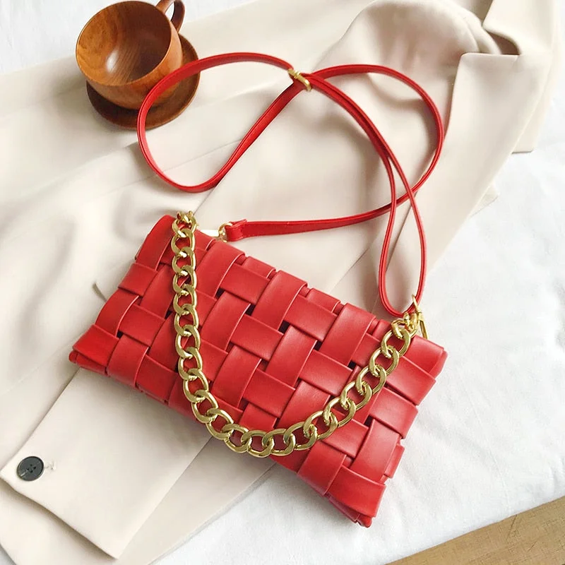 LEFTSIDE Weave Design Small PU Leather Crossbody Bags For Women 2022 Luxury Solid Color Shoulder Handbags Chain Cross Body Bag