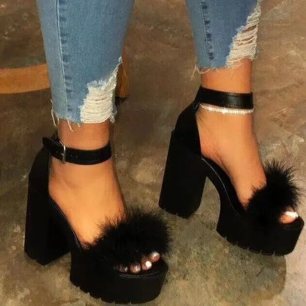 Yyvonne Summer New Thick Heel Sandals Women Feel A Buckle With Fur Fashion Women's Sandals