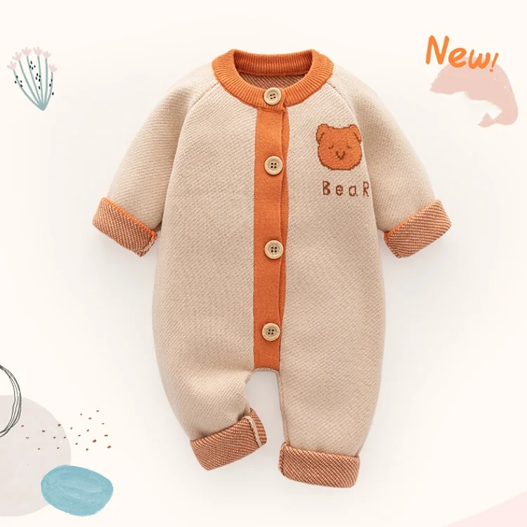 Baby Boy/Girl Bear and Letter Pattern Long Sleeve Knitted Romper