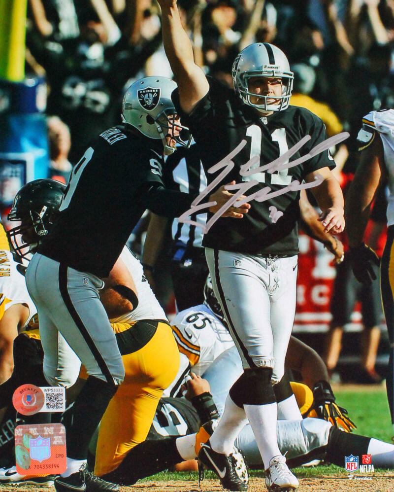 Sebastian Janikowski Signed Raiders 8x10 Arm Up- Beckett W Hologram *Silver