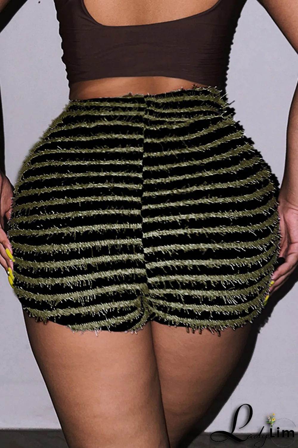 Yellow Sexy Striped Patchwork Draw String Skinny High Waist Pencil Full Print Bottoms