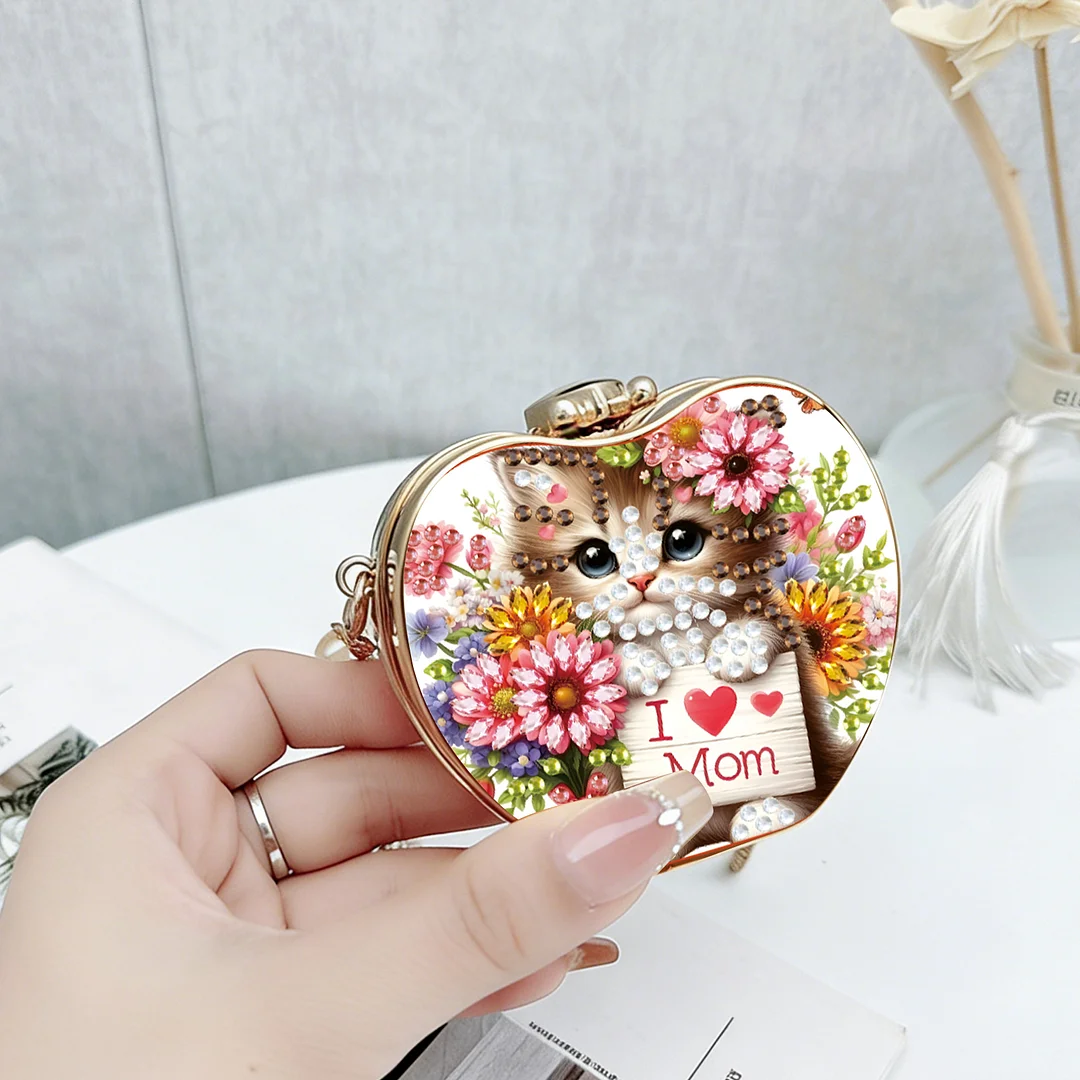 Cats and Flowers DIY Acrylic Love Diamond Art Painting Card Case Wallet with Chain Small Diamond Painting Crossbody Bag for Adults Women Girls Gift