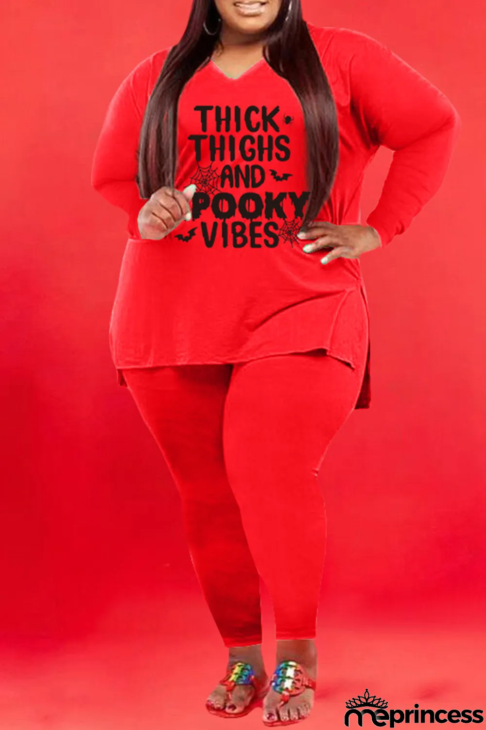 Red Fashion Casual Letter Print Basic V Neck Plus Size Two Pieces