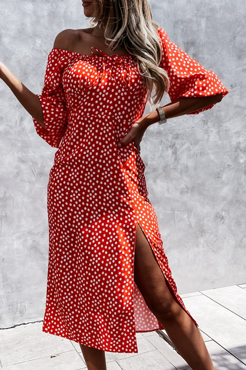 Fashion Elegant Polka Dot Frenulum Slit Off the Shoulder Dresses