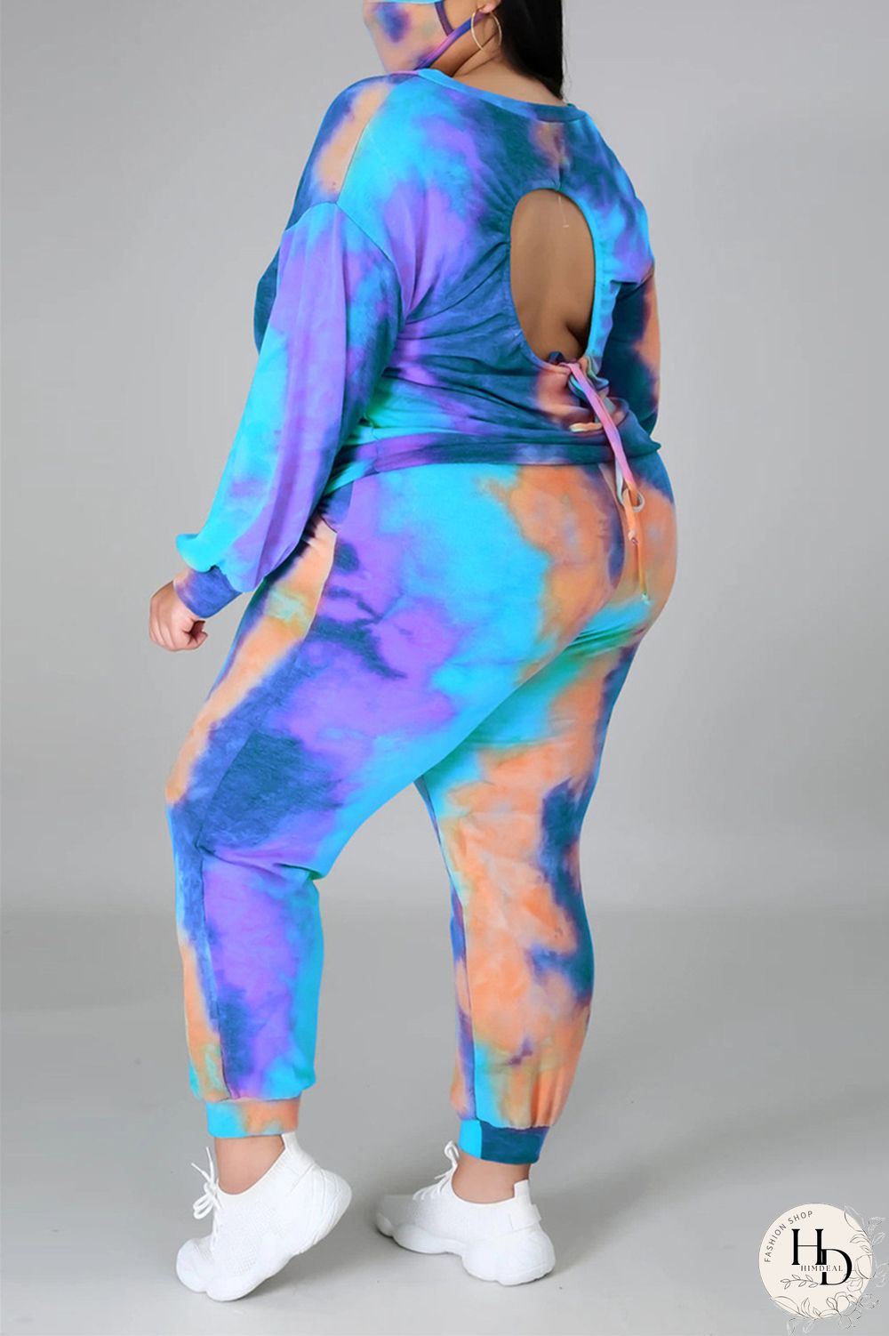 Dark Blue Fashion Casual Print Tie Dye Tie-dye Backless O Neck Plus Size Set