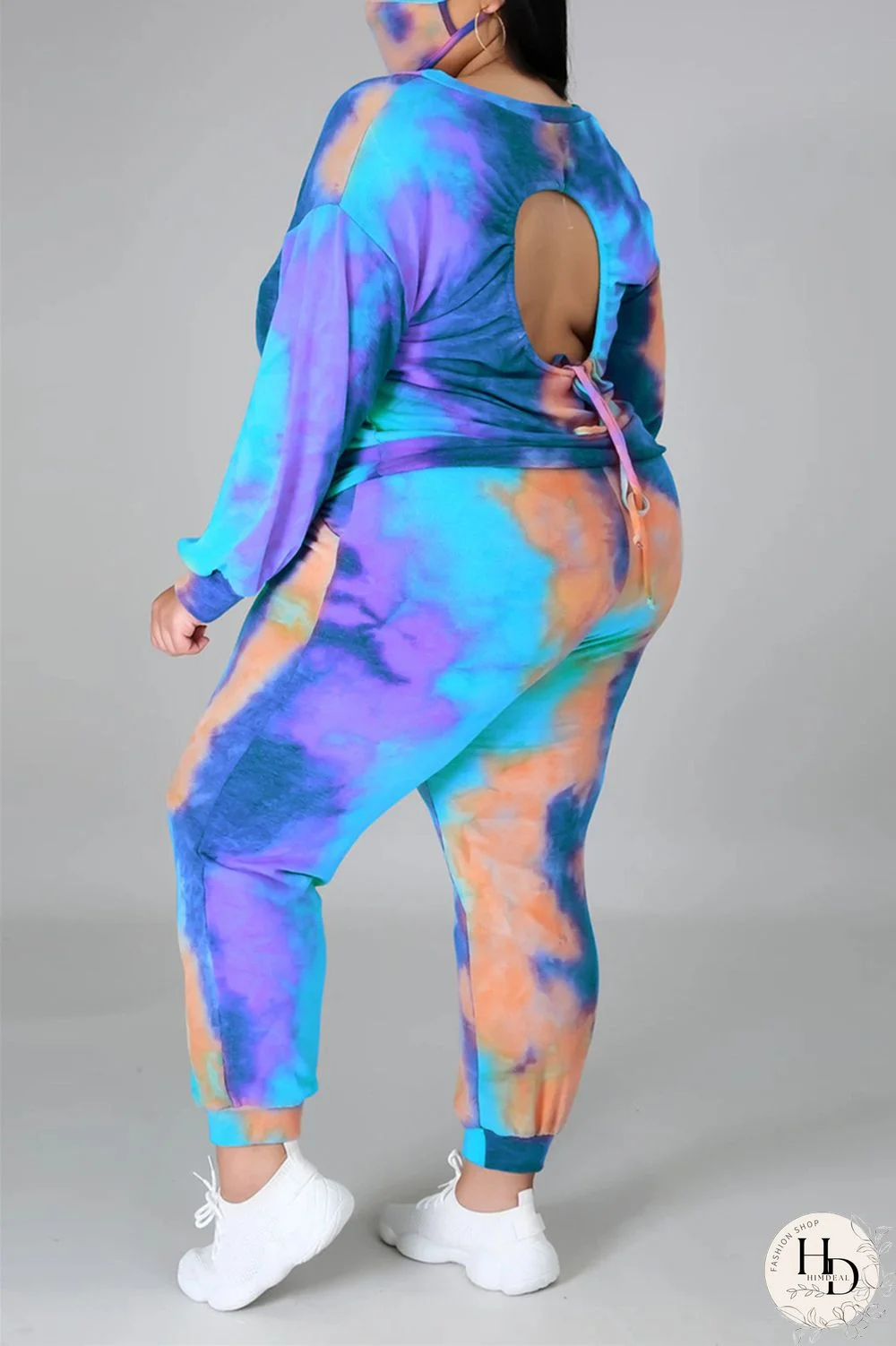 Dark Blue Fashion Casual Print Tie Dye Tie-dye Backless O Neck Plus Size Set