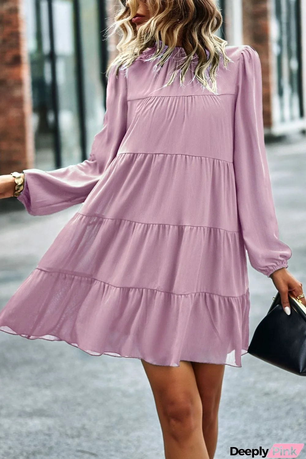 Tied Ruffle Collar Puff Sleeve Mini Dress