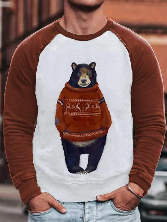 Men's Red High Neck Sweater Black Bear Printed Raglan Sleeve Casual Sweatshirt