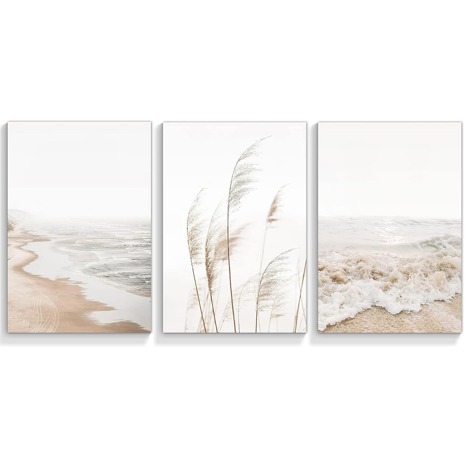 Set of 3 Neutral Beach Coastal Canvas Wall Art Boho Botanical Pampas Grass Posters Room Aesthetic Minimalist Farmhouse Nature Landscape Plant Ocean Prints Paintings Decor For Bathroom 16x24in Unframed 16x24in-Unframed