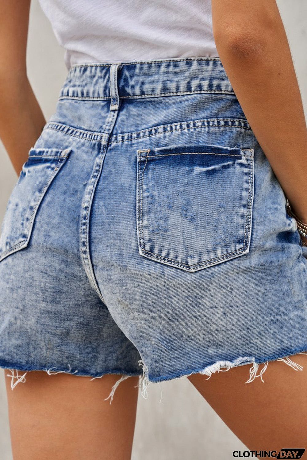 Splicing Button Fly Distressed Denim Shorts