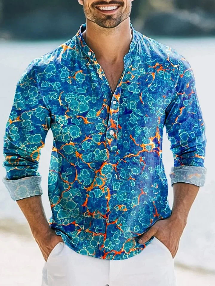 Men's Vintage Abstract Colorful Ripple Art Print Long Sleeve Henley Shirt