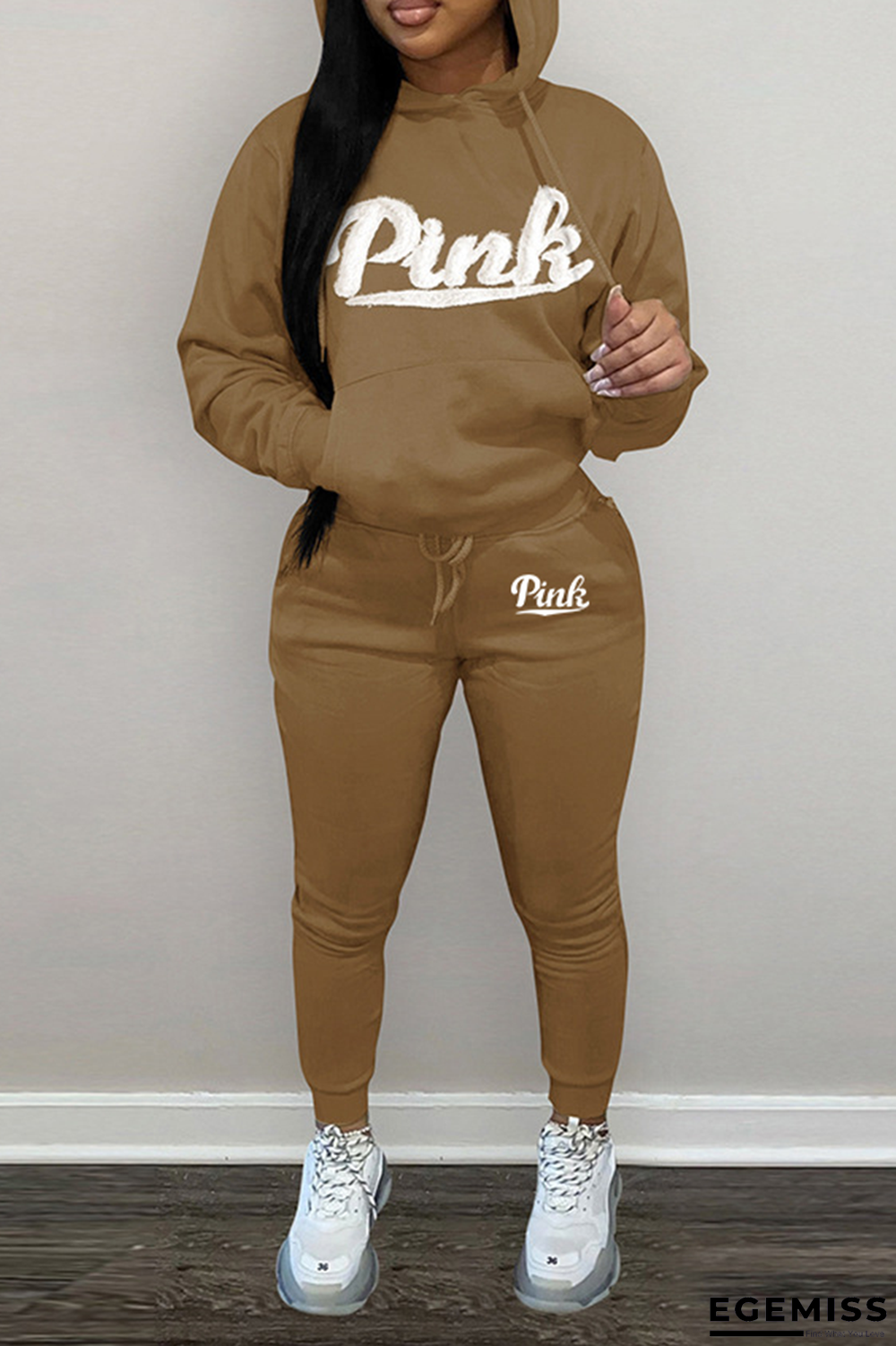 Brown Street Print Letter Hooded Collar Long Sleeve Two Pieces | EGEMISS