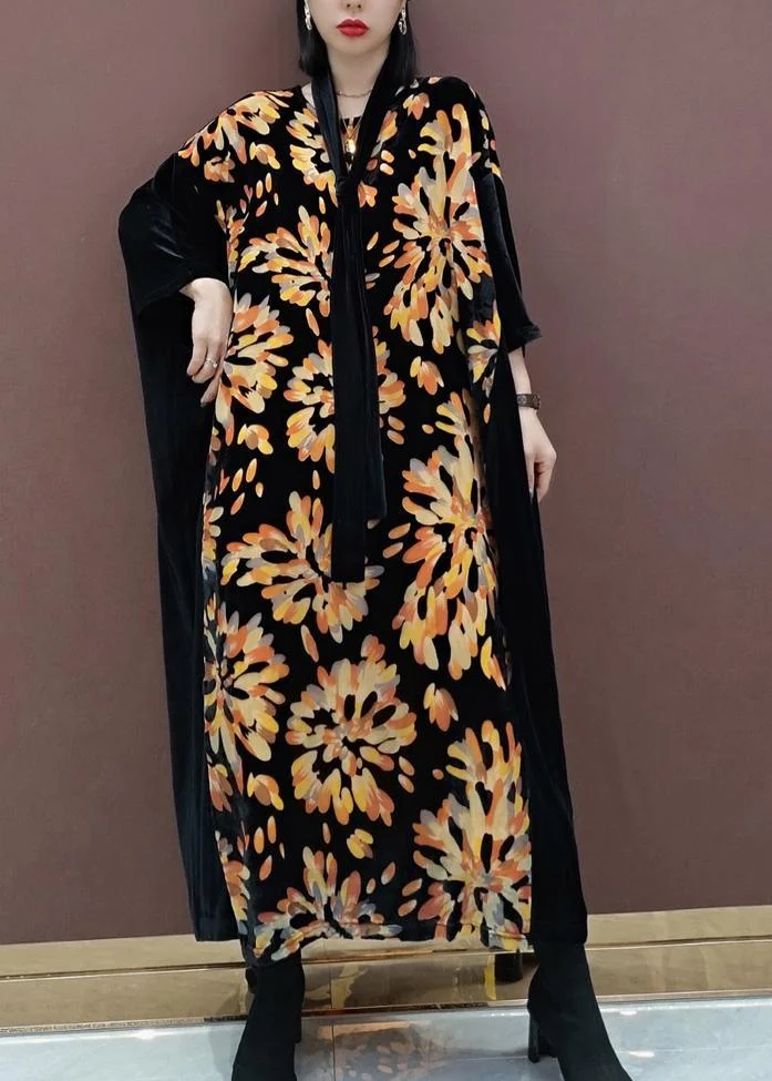 Natural V Neck Patchwork Spring Tunics For Women Fabrics Black Print Kaftan Dress