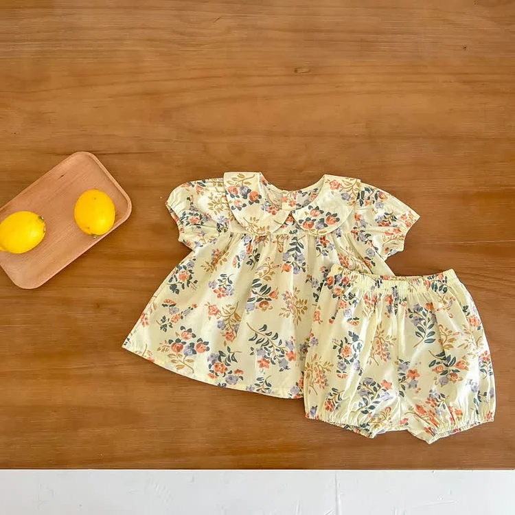 Baby Lapel Floral Blouse and Bloomers Set