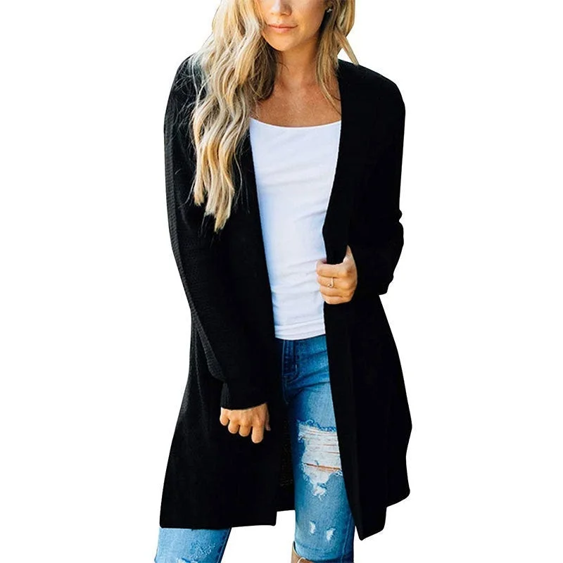 Solid Color Long Women's Long Sleeve Front Cardigan Hooded Knitted Sweater Cardigan Double Pockets