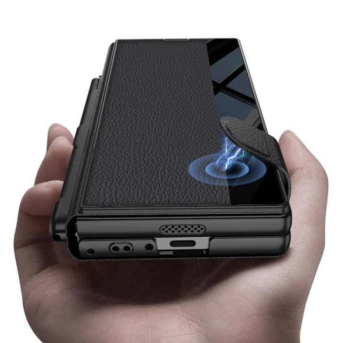 Samsung Z fold6 mobile phone case plain leather bracket folding screen anti-fall flip cover leather case shell film integrated pen slot