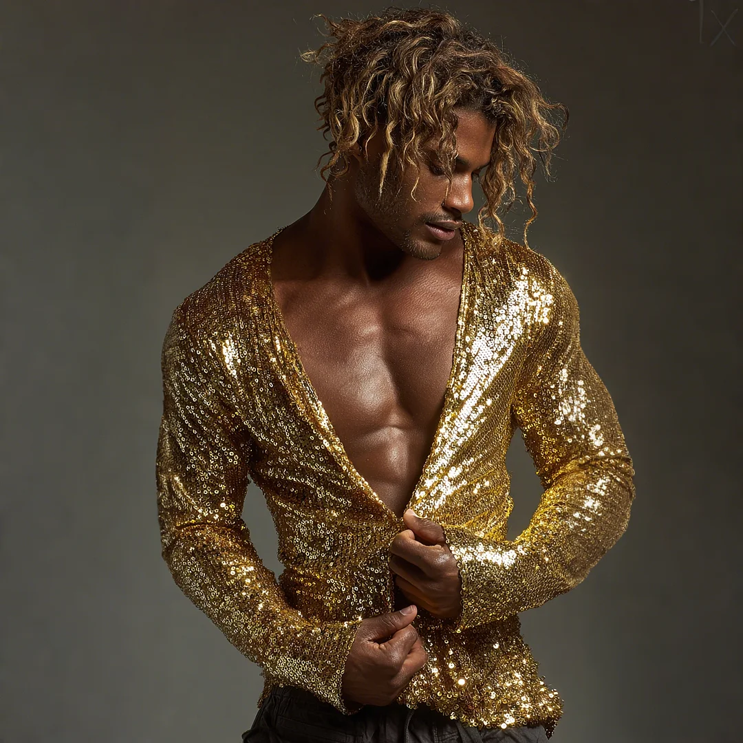 Men's Sequined Long-sleeved T-shirt With Subtle Shimmer, Sexy Low-cut Top-inspireuse