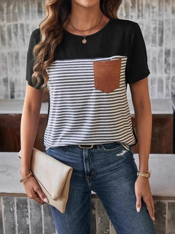 Split-Joint Striped Loose Short Sleeves Round-Neck T-Shirts Tops