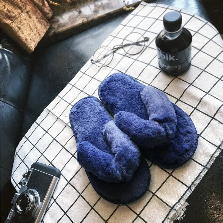 Winter Fashion Women Home Slippers Faux Fur Warm Shoes Woman Slip on Flats Female Fur Flip Flops Pink Plus Size 36- 45 Slippers