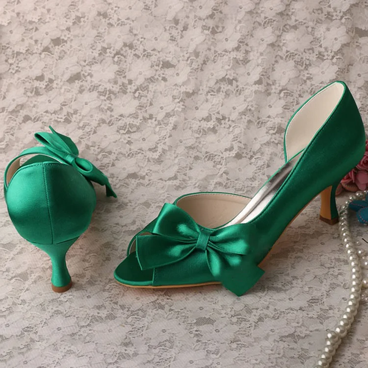 Green Bow Heels Peep Toe Satin Pumps Women's Office Shoes |FSJ Shoes