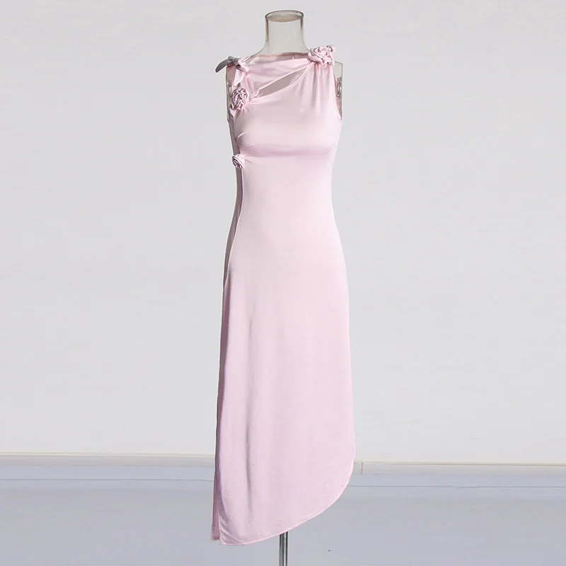 Zingj French Retro Style Dress 2025 New Splicing Three-Dimensional Flower Design Sexy Open Fork Ass Skirt Dress Woman