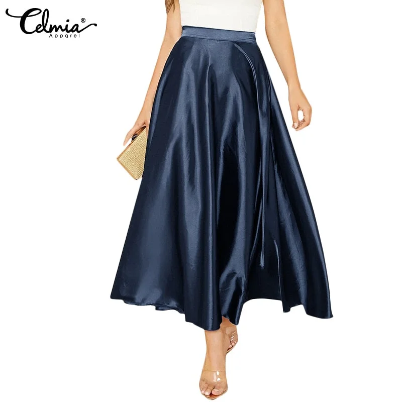 Celmia Women High Waist Satin Skirts 2022 Fashion Elegant Party Maxi Skirt Pleated Casual Solid Color A-line Skirt Streetwear