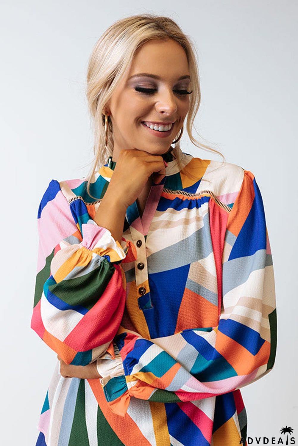 Geometric Patchwork Print Half Buttoned Blouse