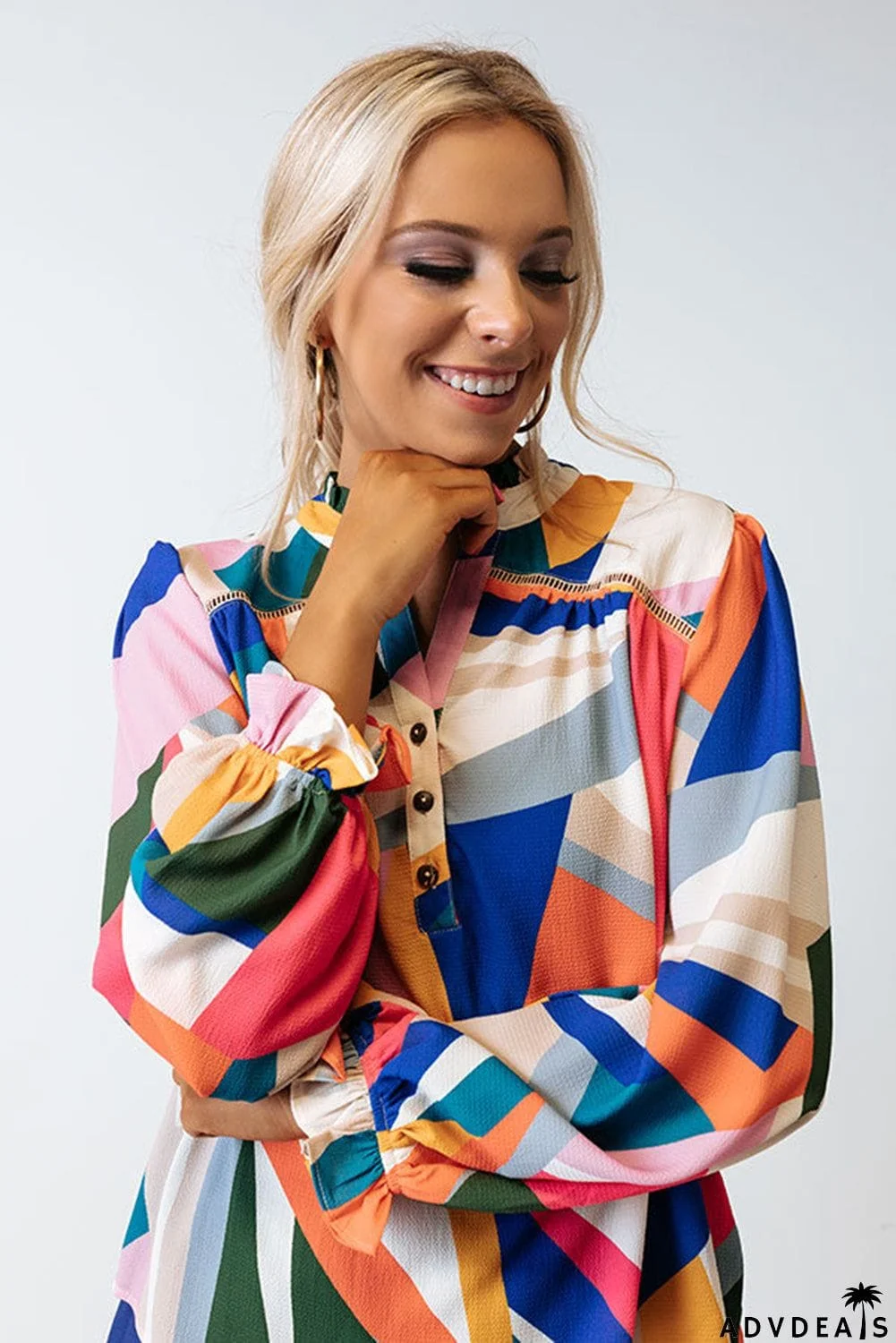 Geometric Patchwork Print Half Buttoned Blouse