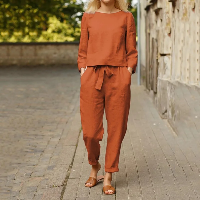 Autumn Solid Color Top And Tie Pants Set
