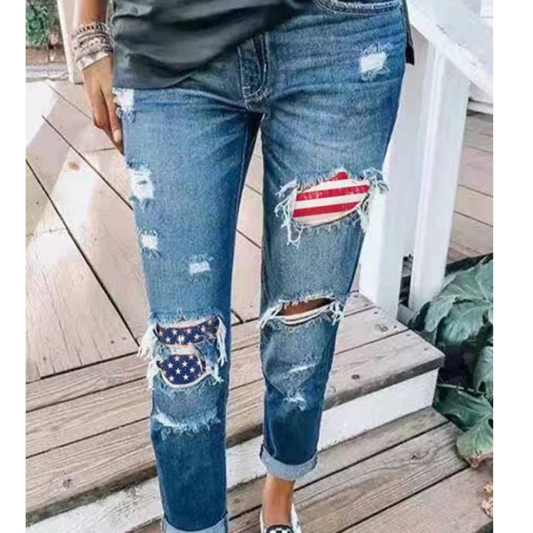 Women's Jeans Ripped Thin Flag Print Denim Jeans