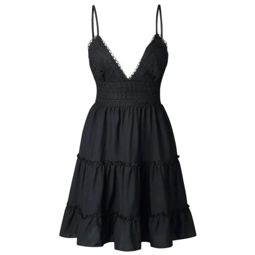 Women Summer Boho Lace V-Neck Sling Mini Dress Solid Color Dress