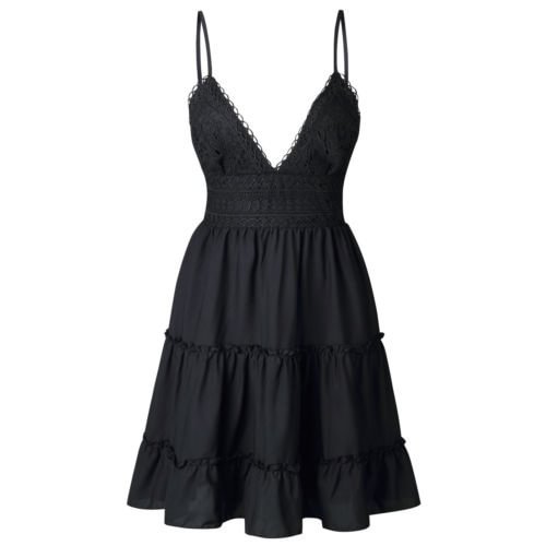 Women Summer Boho Lace V-Neck Sling Mini Dress Solid Color Dress - BlackFridayBuys