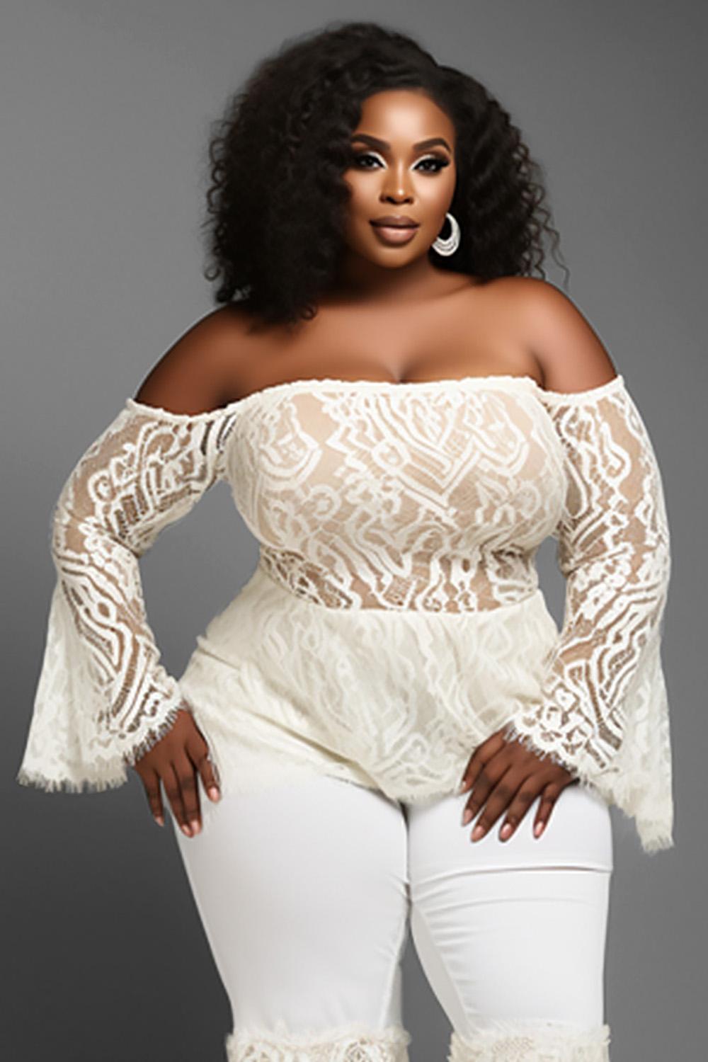 Design Plus Size Semi Formal Elegant White Off The Shoulder Flare Long Sleeve Contrast See Through Lace Two Piece Pant Sets [Pre-Order]