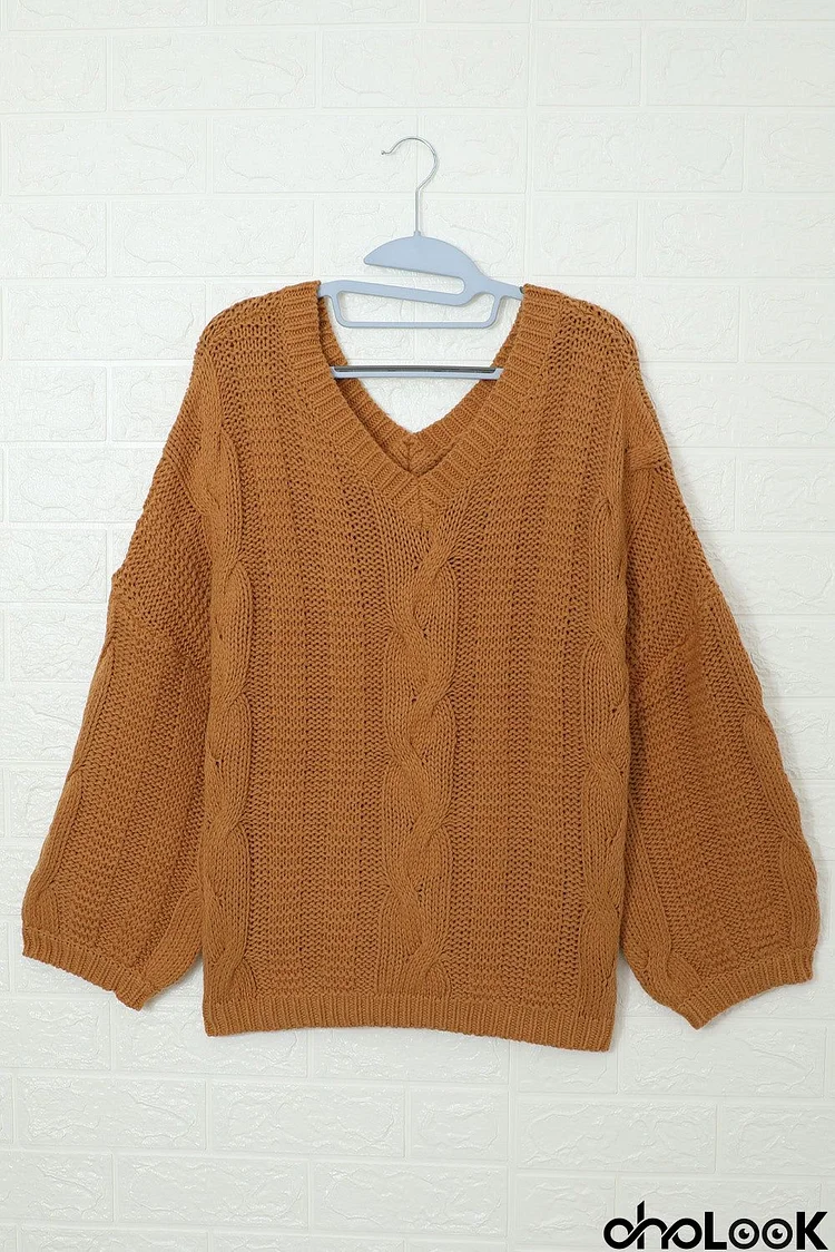 Brown Loose Bubblegum V-Neck Braided Knit Sweater