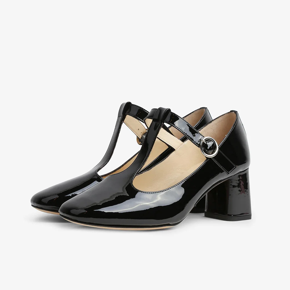 Black Patent Leather Closed Toe T-Strappy Loafers With Chunky Heels Nicepairs