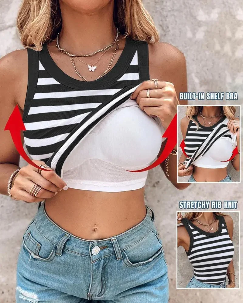 This Week's Special Price $19.99🍃Round Neck Built-in Bra Ribbed Tank Top Fit Casual Comfortable💥