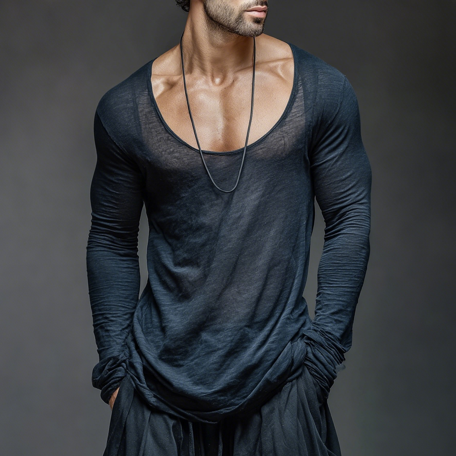 Deep V-Neck Long Sleeve Sheer Top for Men