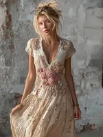 Vintage Boho Pink Rose Embroidery Art Cozy Linen Maxi Dress