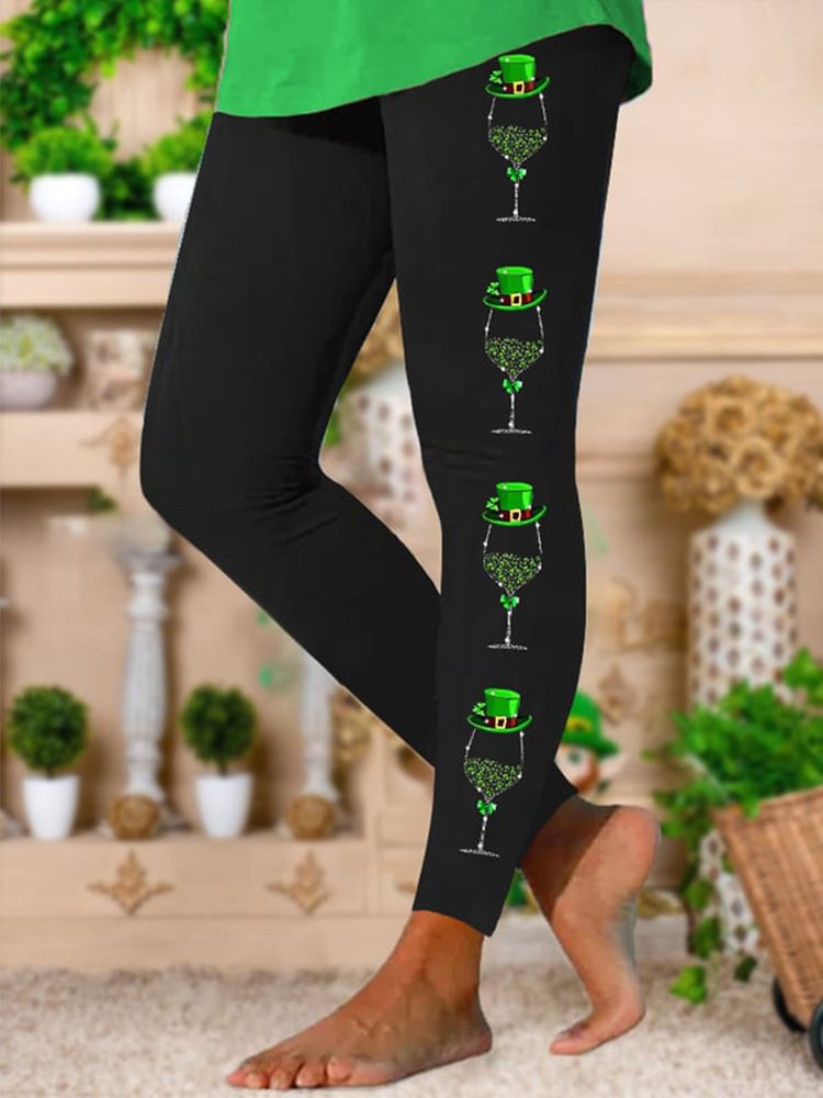 Comstylish St. Patrick's Day Glitter Wine Glass Print Casual Leggings