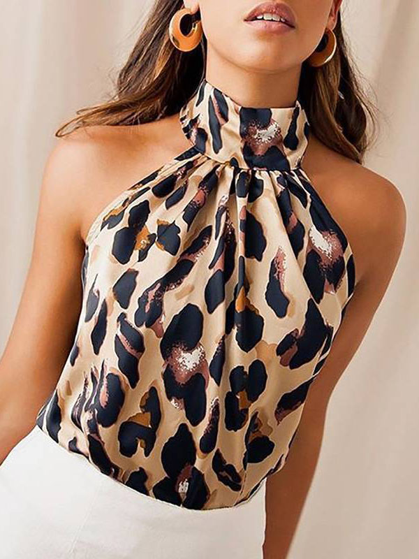 Split-Joint Pleated Leopard Backless Sleeveless Loose Halter-Neck Vest Top LEOPARD-M