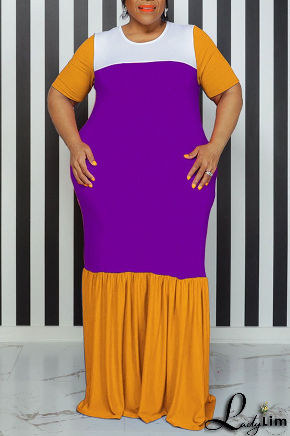 Pink Casual Solid Patchwork O Neck Straight Plus Size Dresses