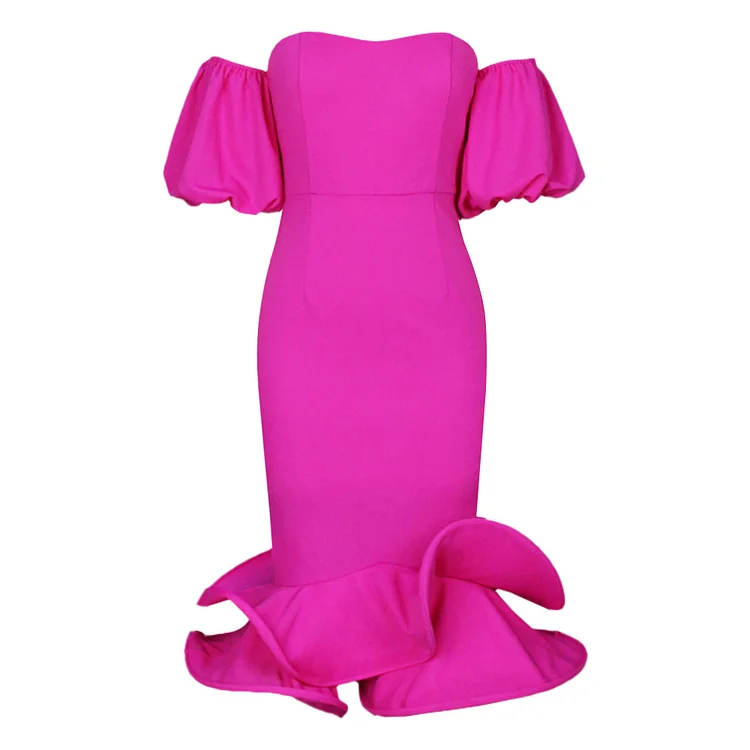 Puff Sleeve 3D Petal Bandeau Pink Midi Dress Flaxmaker