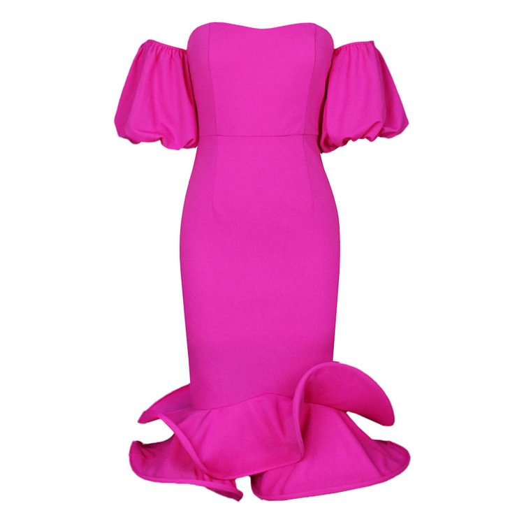  Puff Sleeve  3D PetalBandeau Solid Color Dress