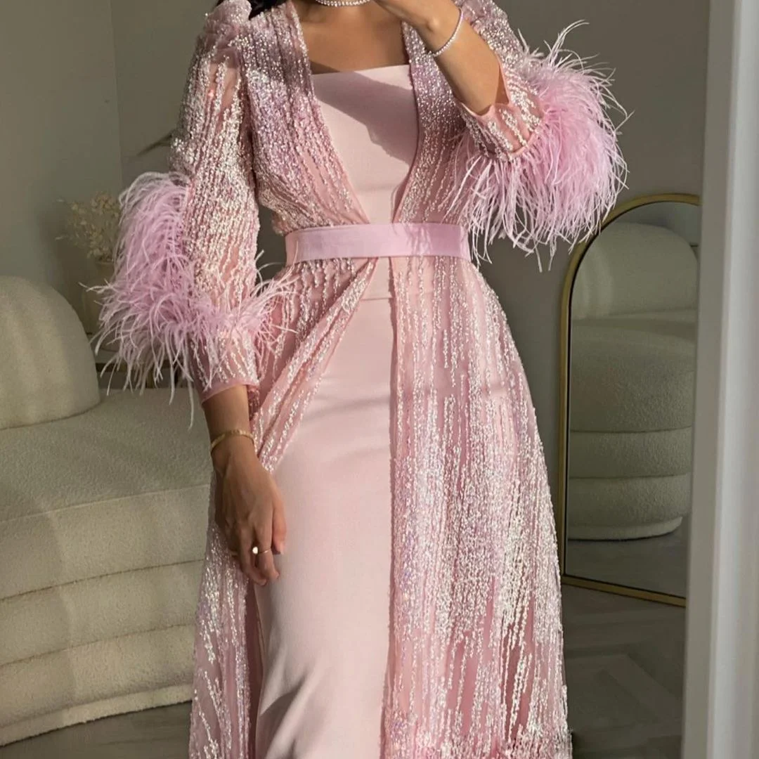 Zachics Sequins feather pink long sleeves evening dress-zachics