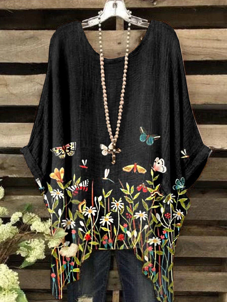 Women's Fashion Butterflies Flowers Loose Casual Tops