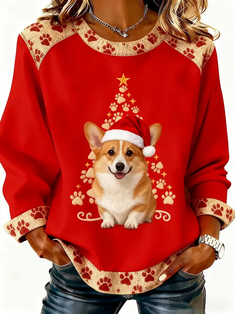Retro Christmas Cute Dog Patchwork Design Printed Casual Loose Long Sleeve Sweatshirt