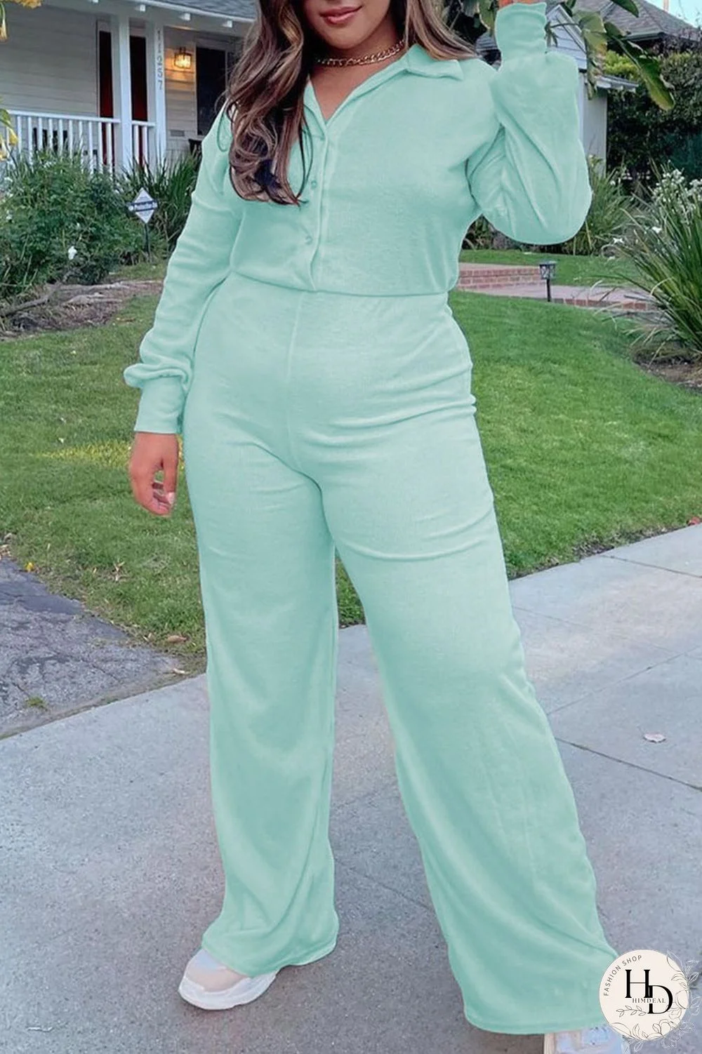 Mint green Casual Solid Split Joint Buckle Turndown Collar Plus Size Jumpsuits