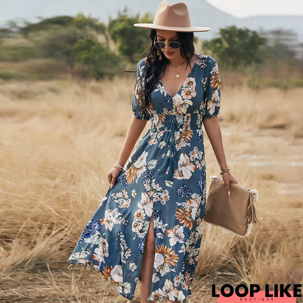 V-Neck Floral Summer Beach Dress with Elastic Waist for Women