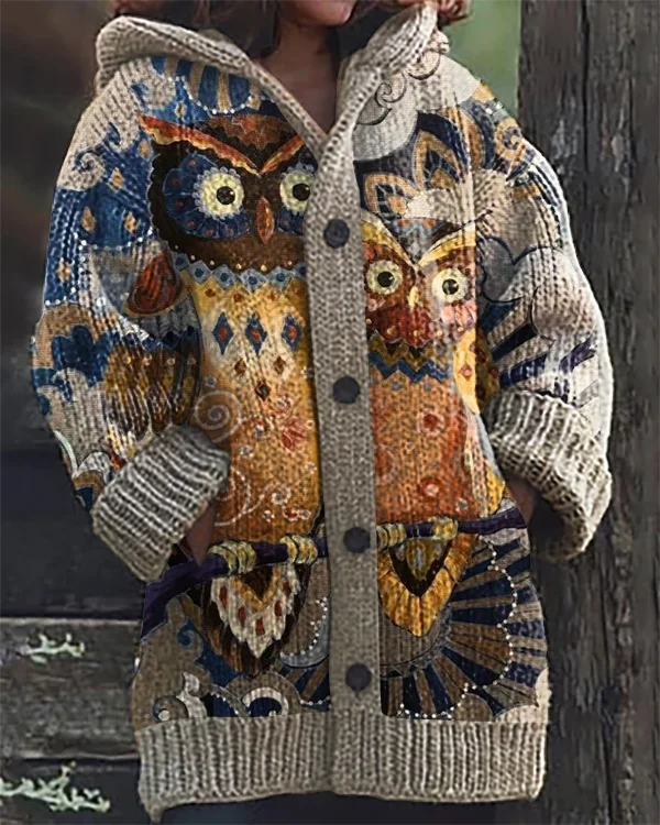 Vintage Owl Art Print Hooded Cardigan